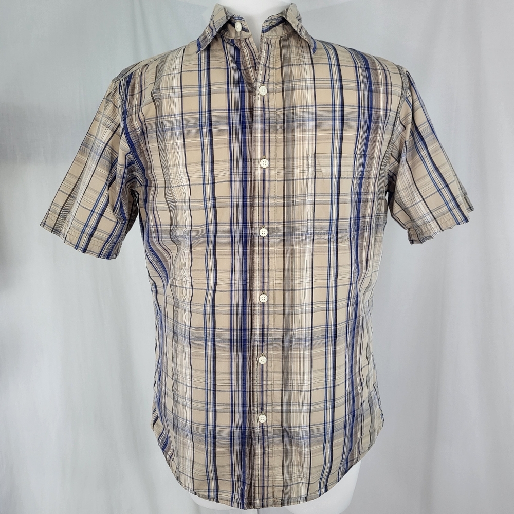 Sonoma Plaid SHIRT Mens Size M Short Sleeve Blue Tan Button Up Pocket Cotton